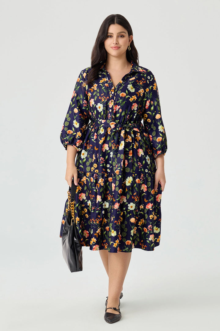 Pockets Floral Print Tiered A-Line Midi Shirt Dress with Belt
