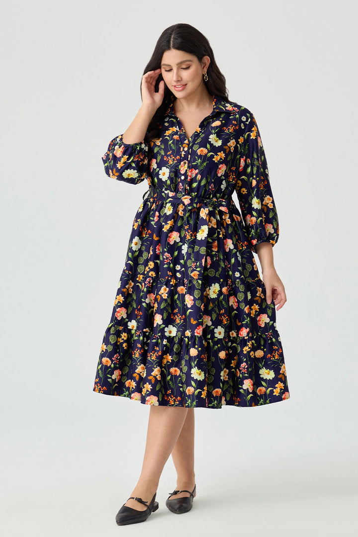 Pockets Floral Print Tiered A-Line Midi Shirt Dress with Belt