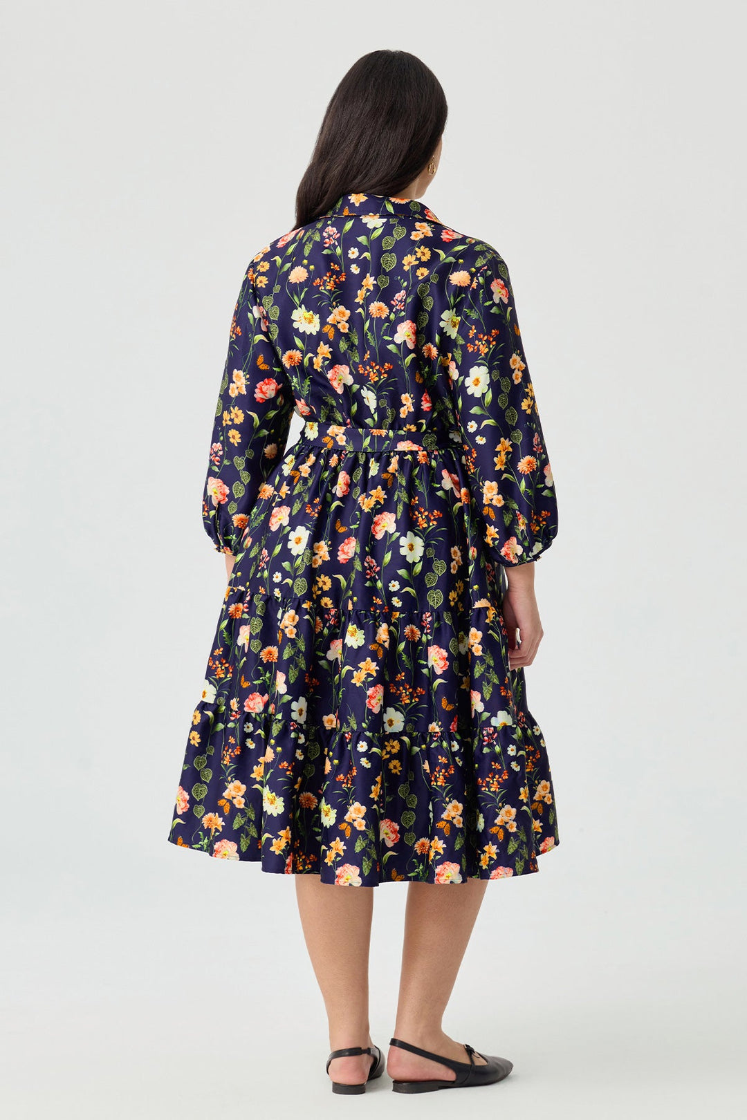 Pockets Floral Print Tiered A-Line Midi Shirt Dress with Belt