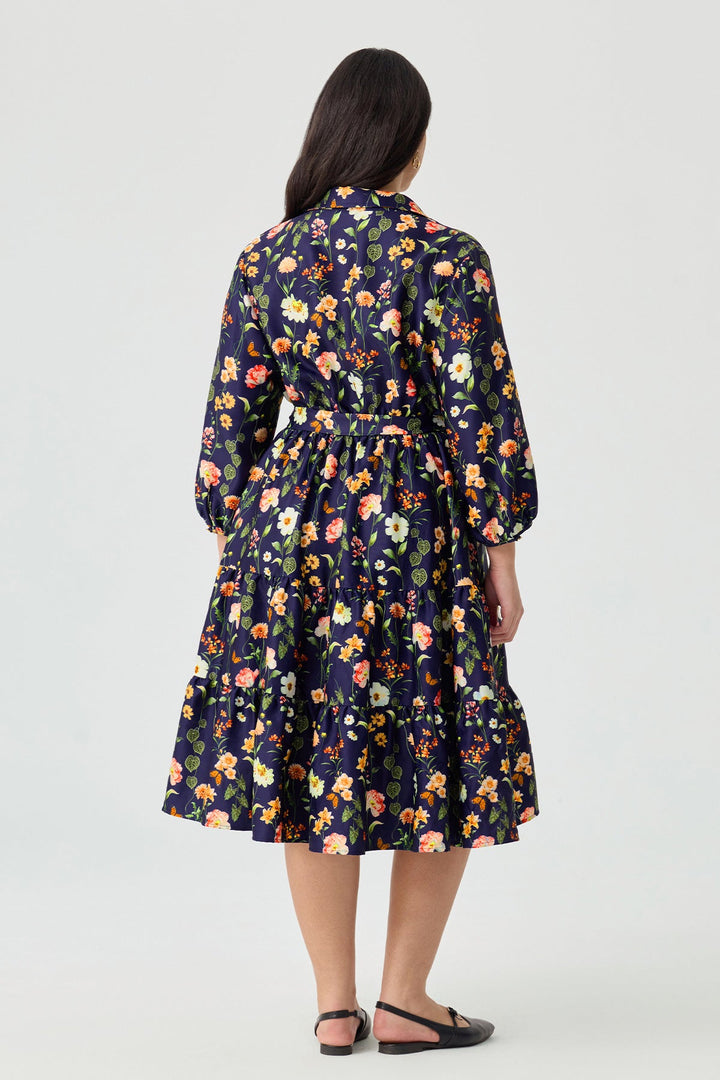 Pockets Floral Print Tiered A-Line Midi Shirt Dress with Belt