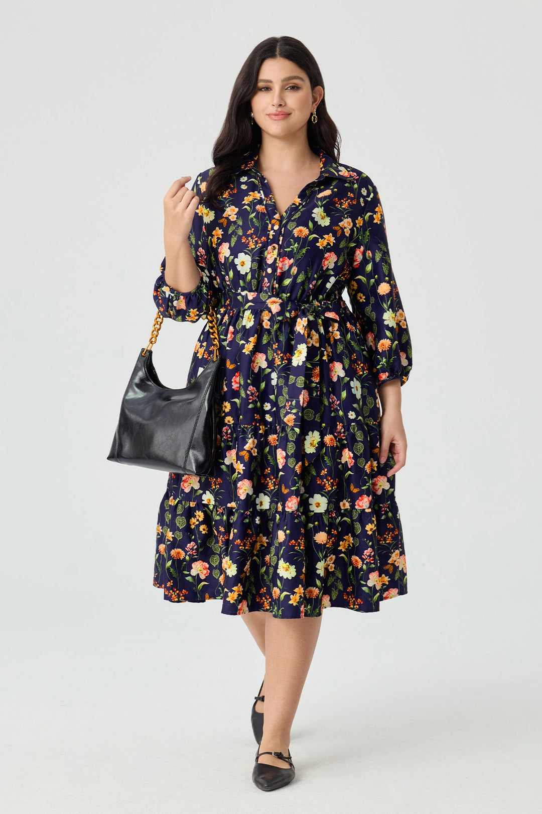 Pockets Floral Print Tiered A-Line Midi Shirt Dress with Belt