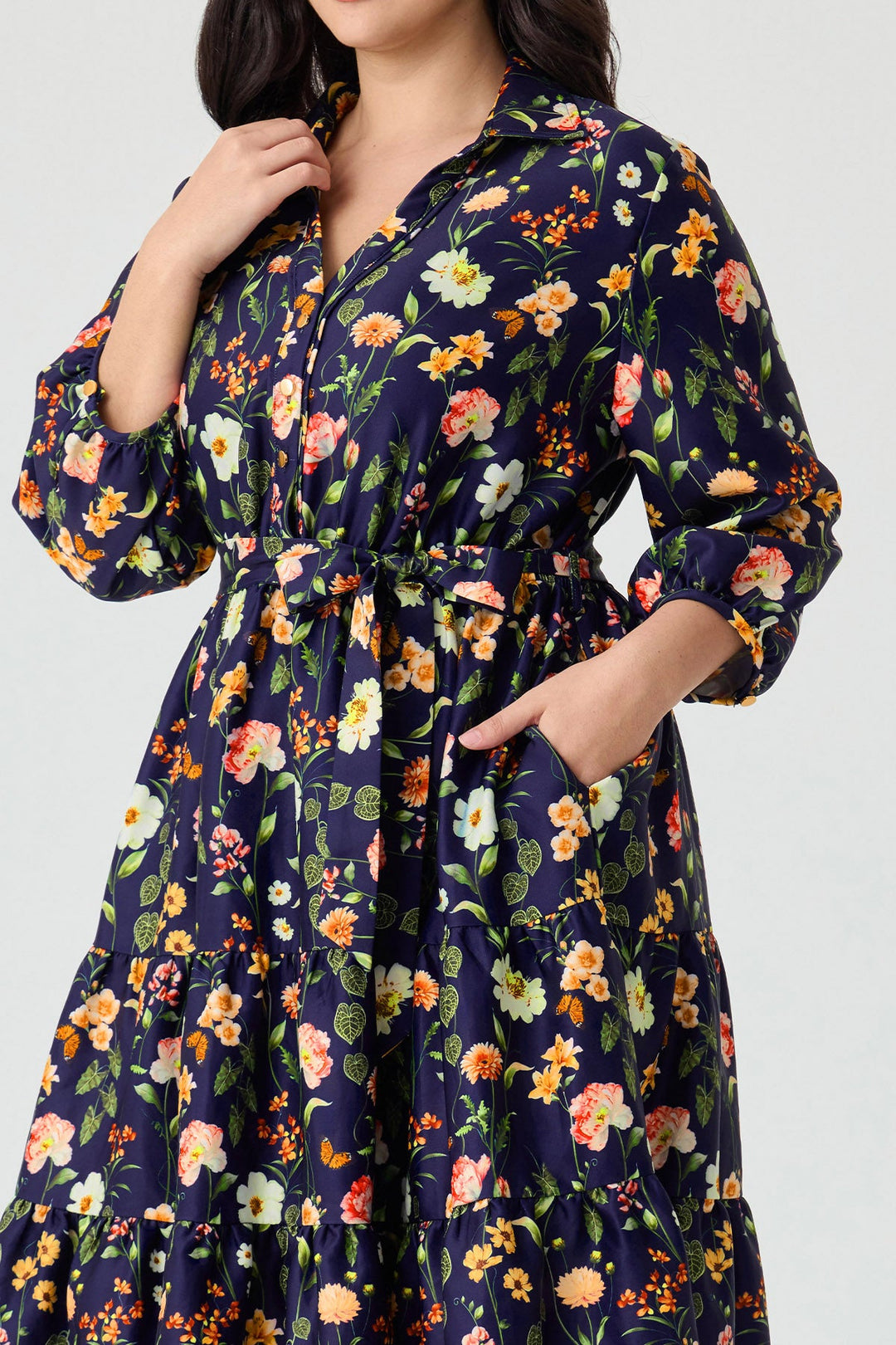 Pockets Floral Print Tiered A-Line Midi Shirt Dress with Belt