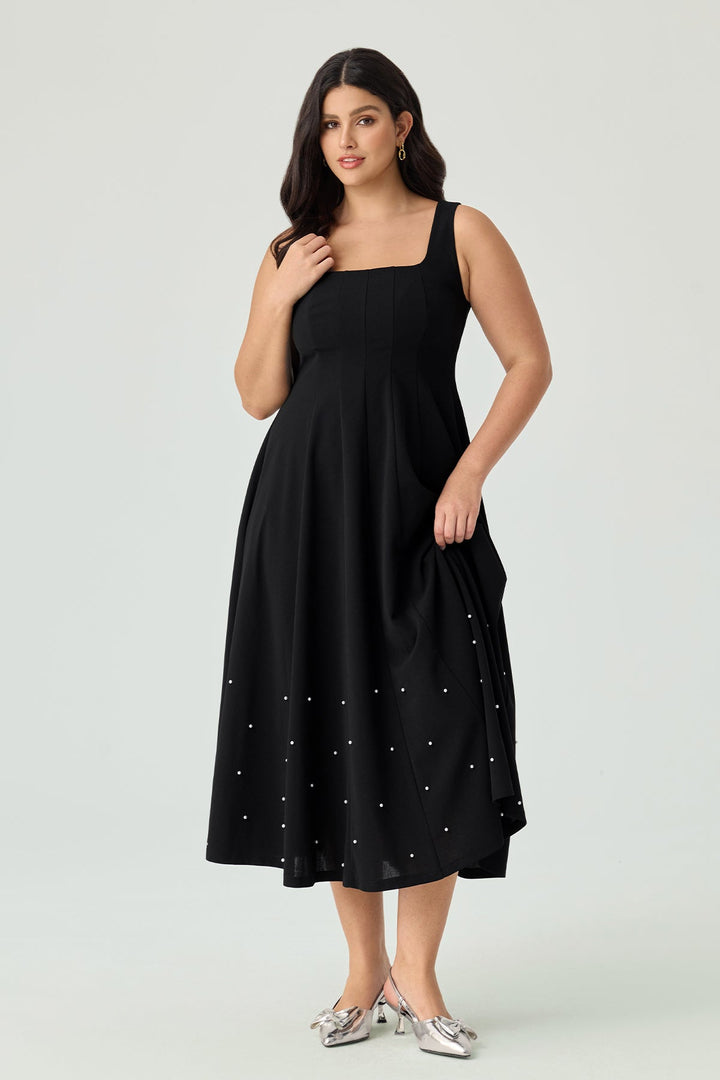 Black Pearl-Embellished A-Line Midi Dress