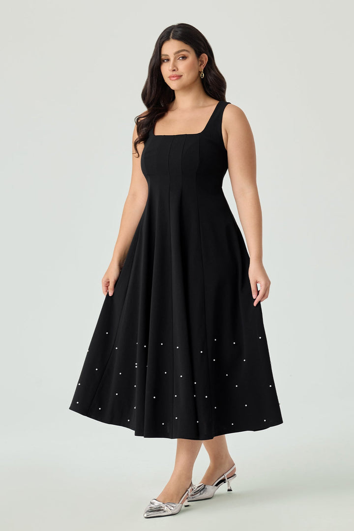 Black Pearl-Embellished A-Line Midi Dress