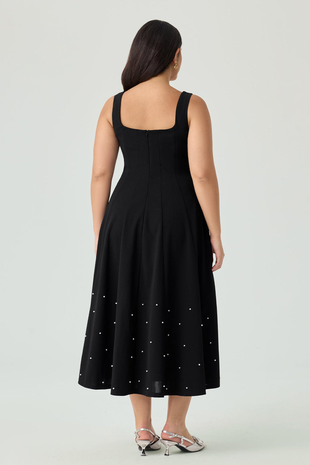 Black Pearl-Embellished A-Line Midi Dress