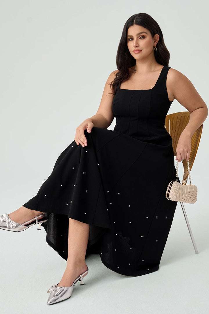 Black Pearl-Embellished A-Line Midi Dress