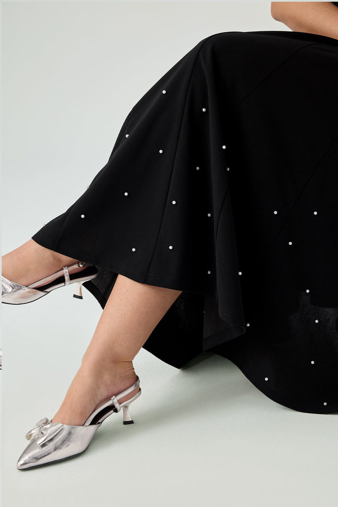 Black Pearl-Embellished A-Line Midi Dress