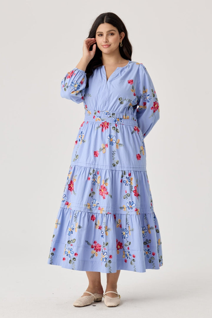 Pockets Embroidered Floral Smocked Waist Tiered Midi Dress