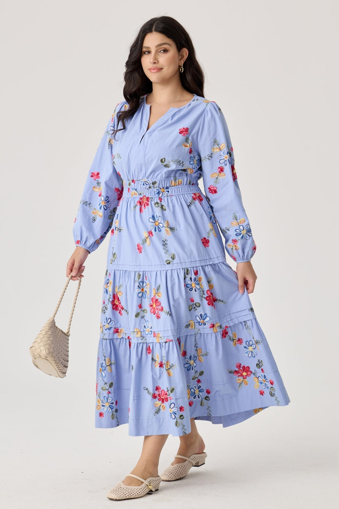 Pockets Embroidered Floral Smocked Waist Tiered Midi Dress