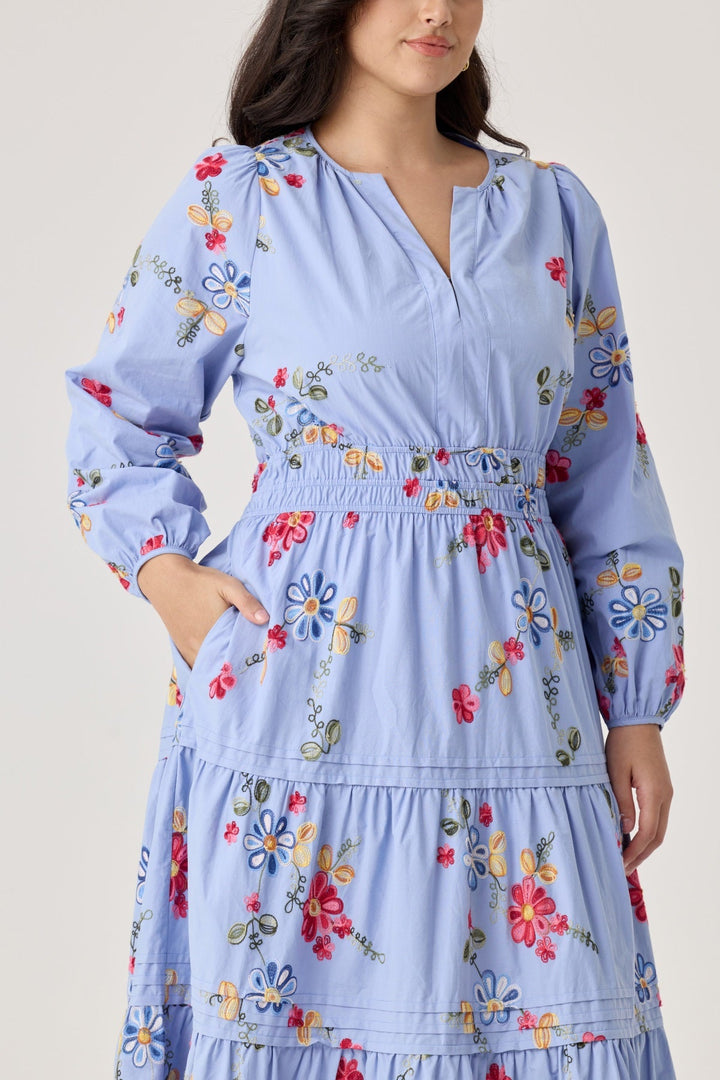 Pockets Embroidered Floral Smocked Waist Tiered Midi Dress