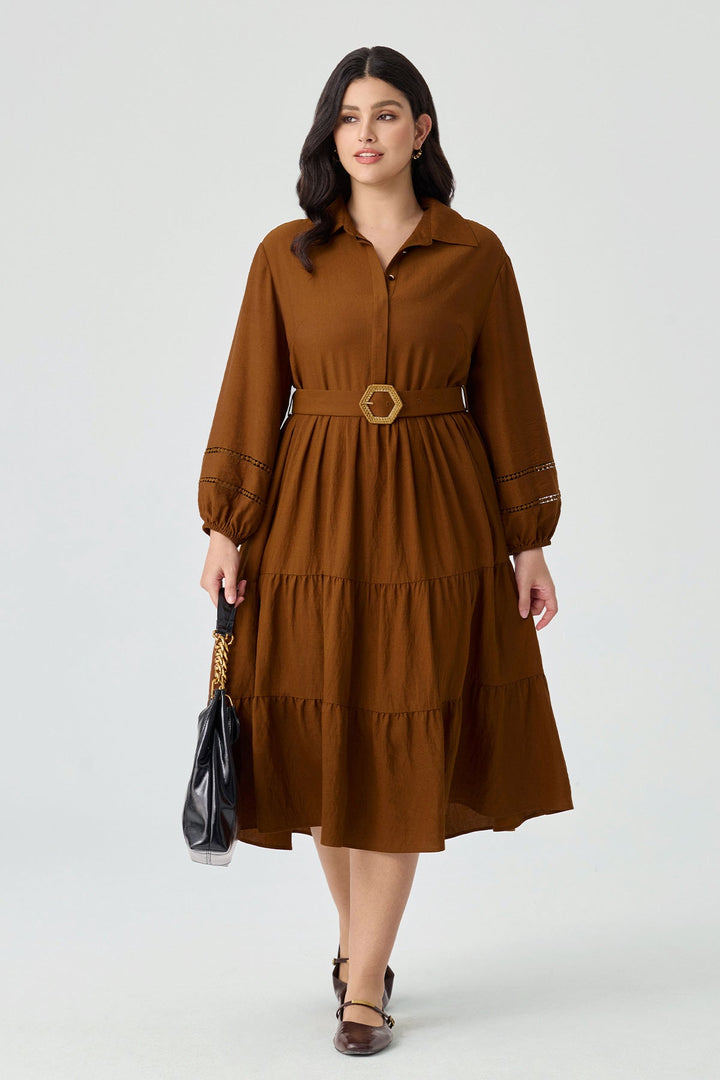 Pockets Tiered Midi Shirt Dress with Belt