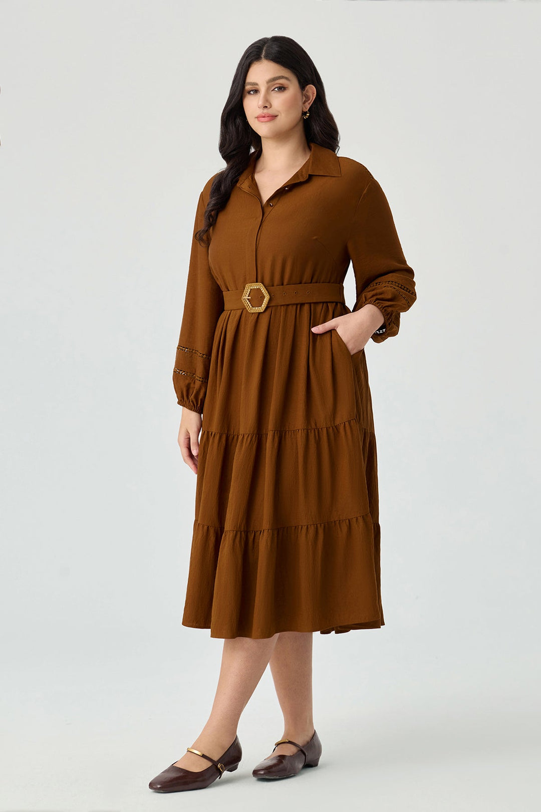 Pockets Tiered Midi Shirt Dress with Belt