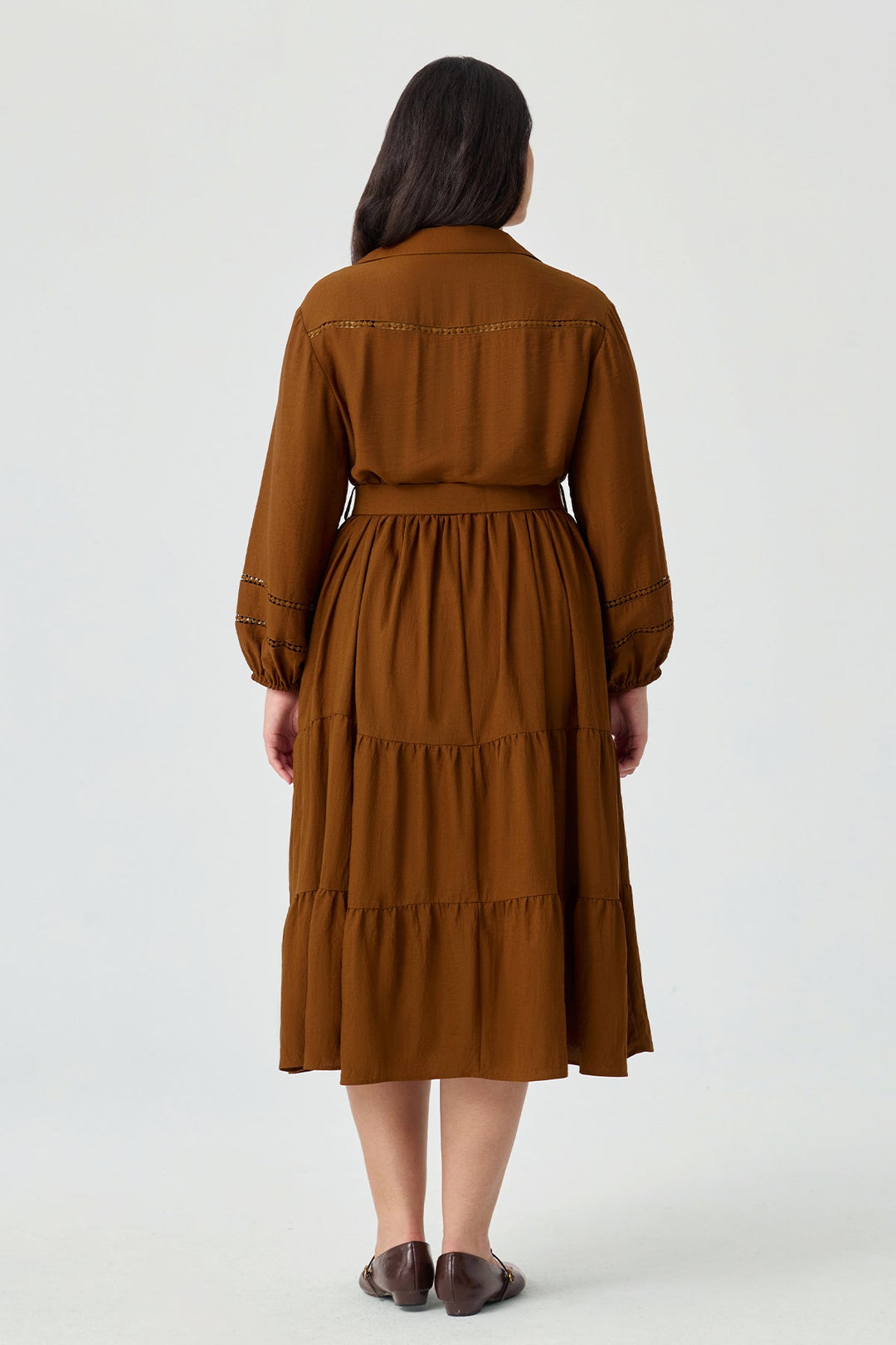 Pockets Tiered Midi Shirt Dress with Belt