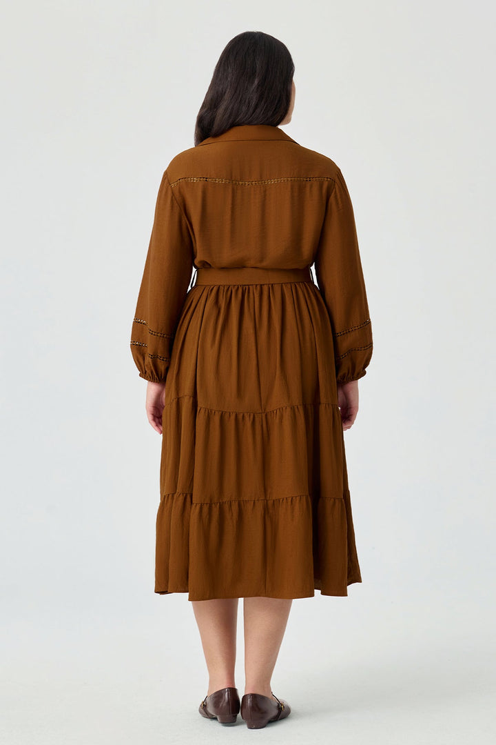 Pockets Tiered Midi Shirt Dress with Belt