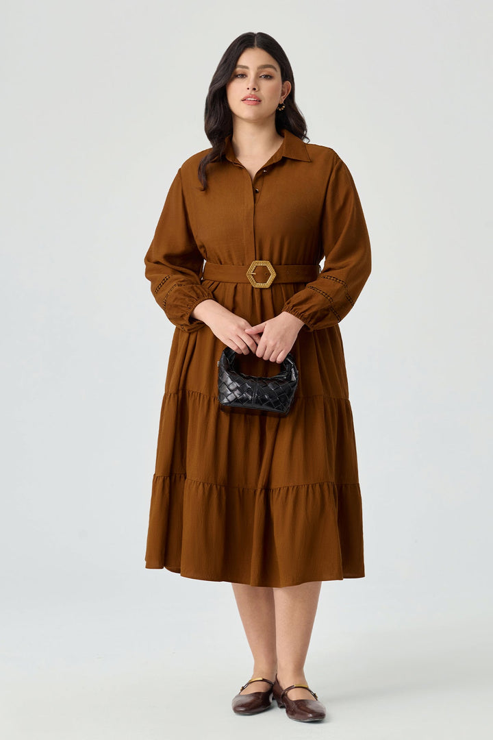 Pockets Tiered Midi Shirt Dress with Belt
