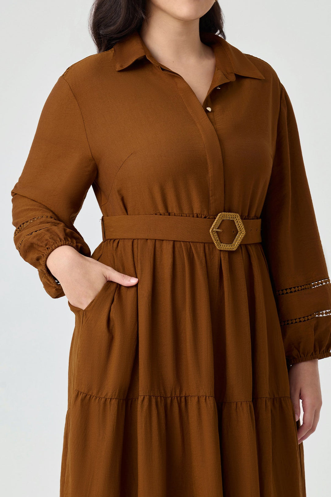 Pockets Tiered Midi Shirt Dress with Belt