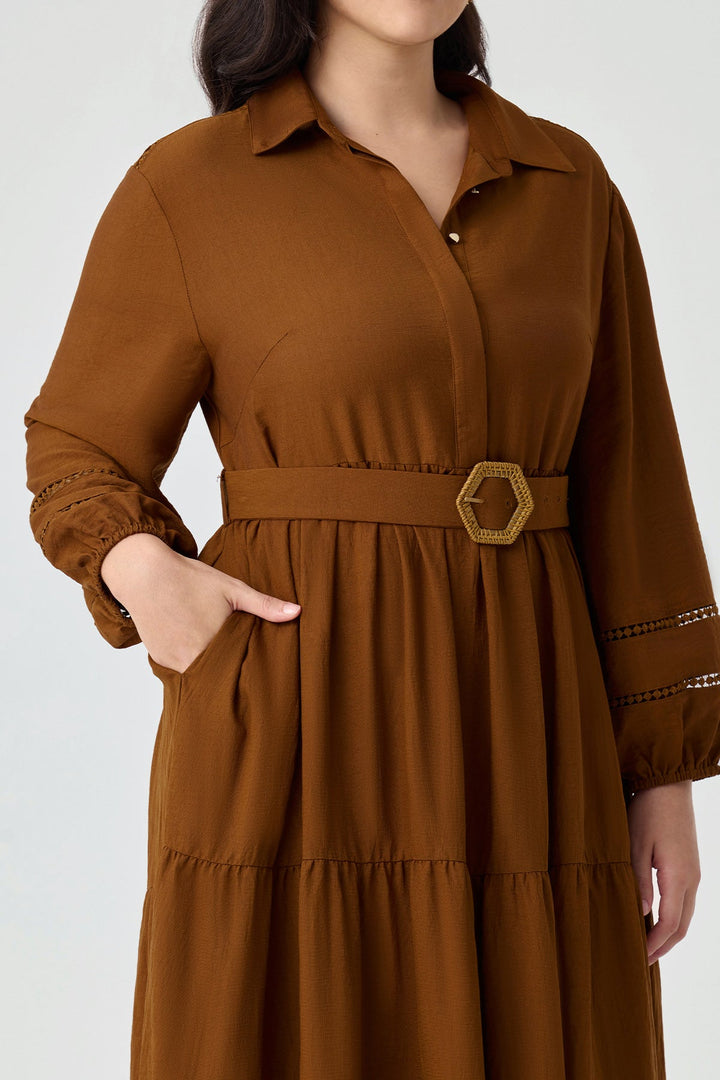Pockets Tiered Midi Shirt Dress with Belt