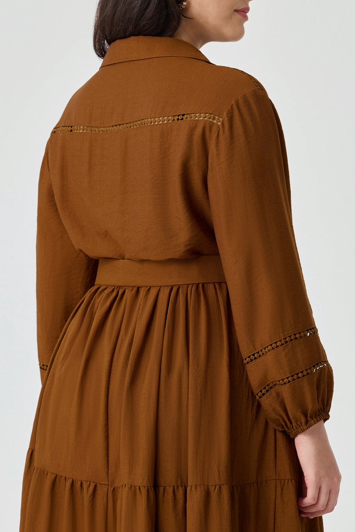 Pockets Tiered Midi Shirt Dress with Belt