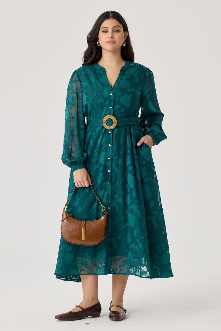 Jacquard Midi Shirt Dress with Woven Buckle Belt