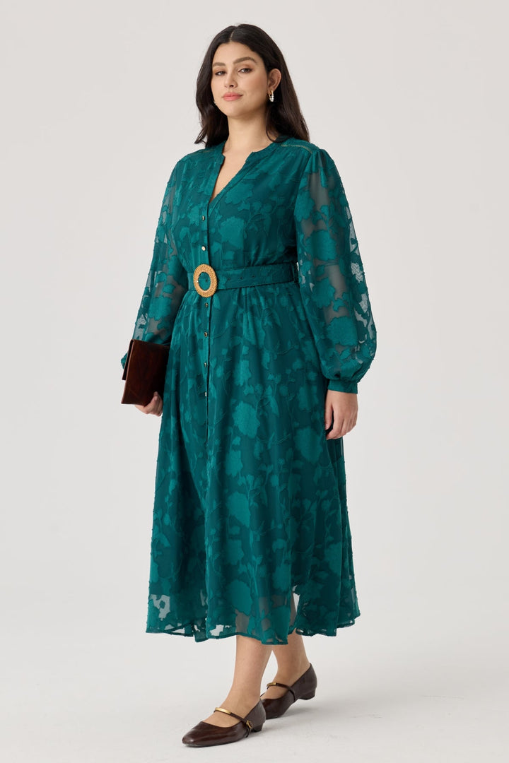 Jacquard Midi Shirt Dress with Woven Buckle Belt