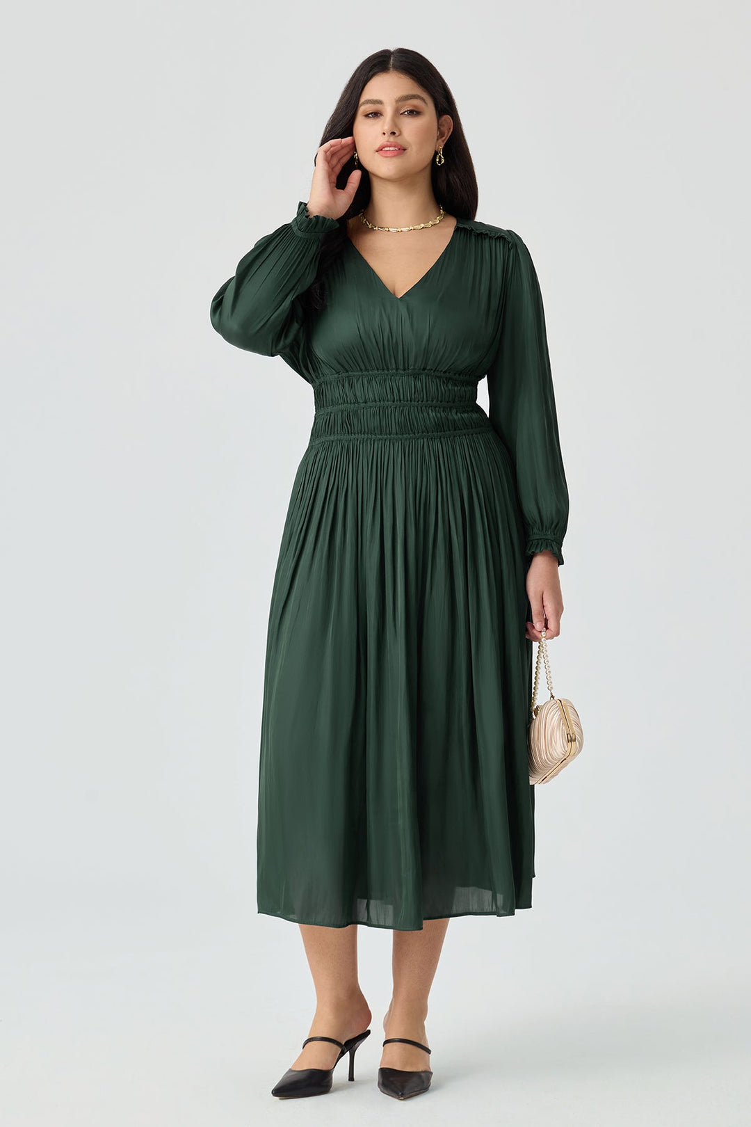V-Neck Smocked Waist Tiered Midi Dress