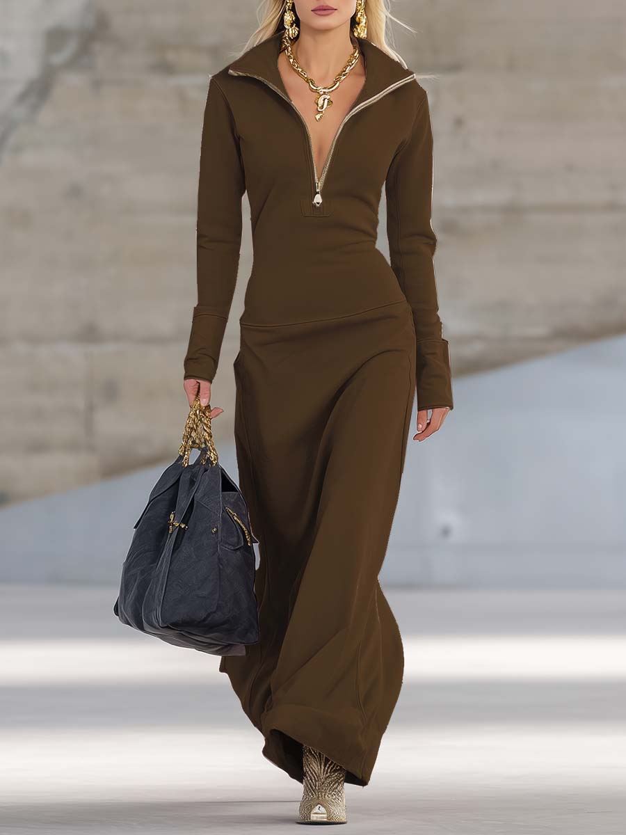 Elegant Retro Sporty V-neck Front Zipper Long-sleeved Pink Maxi Dress