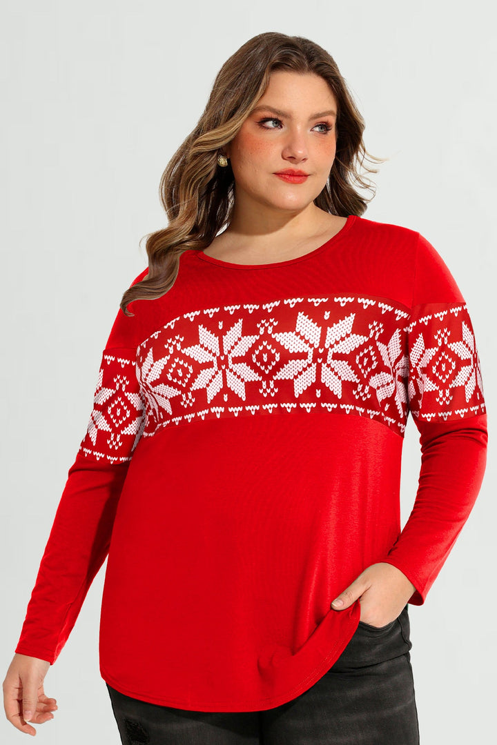 Colorblock Snowflake Print Long Sleeve T-Shirt