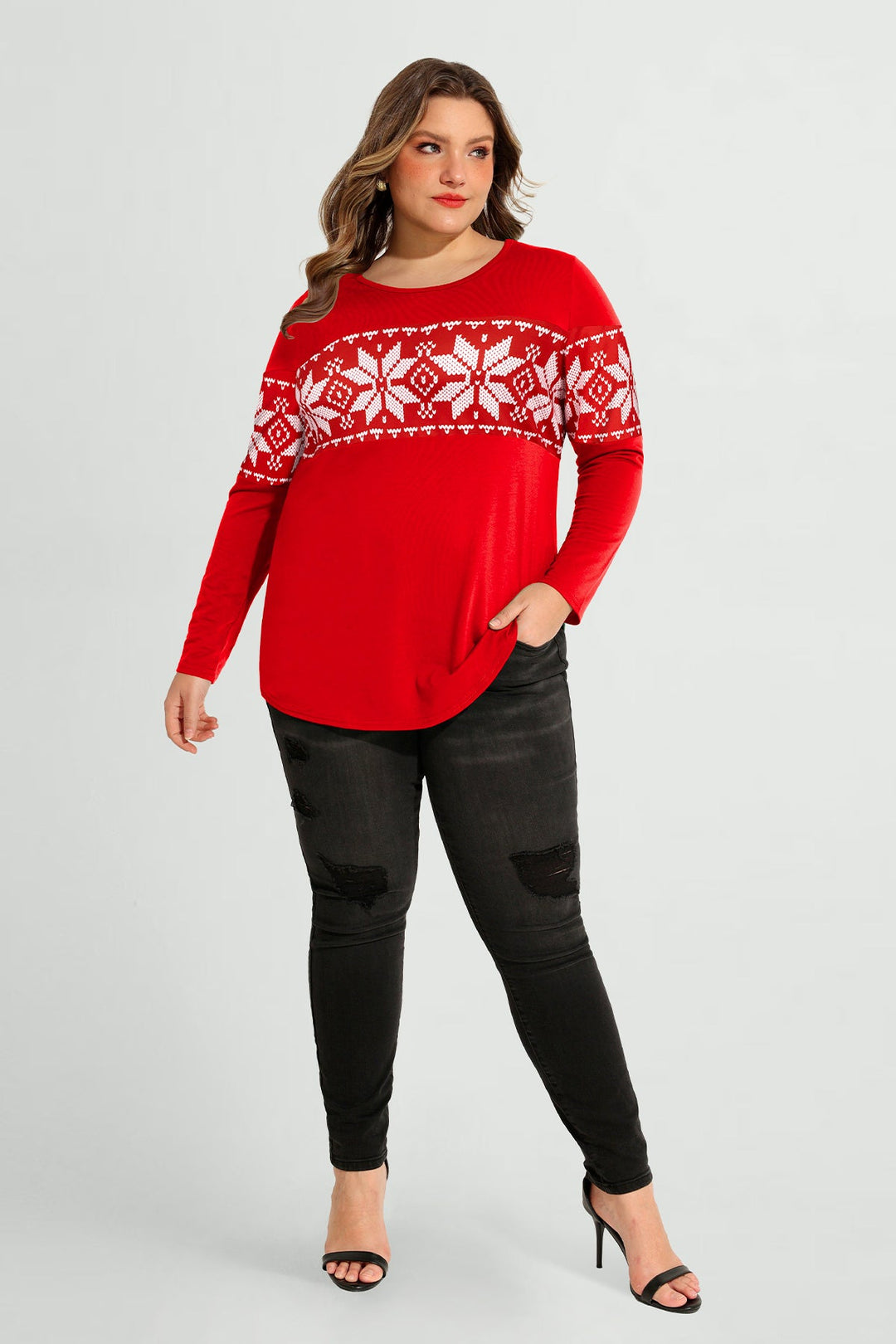 Colorblock Snowflake Print Long Sleeve T-Shirt