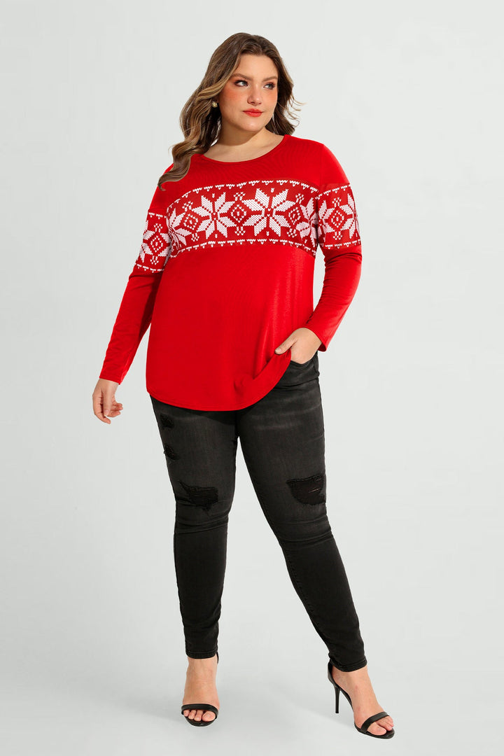Colorblock Snowflake Print Long Sleeve T-Shirt