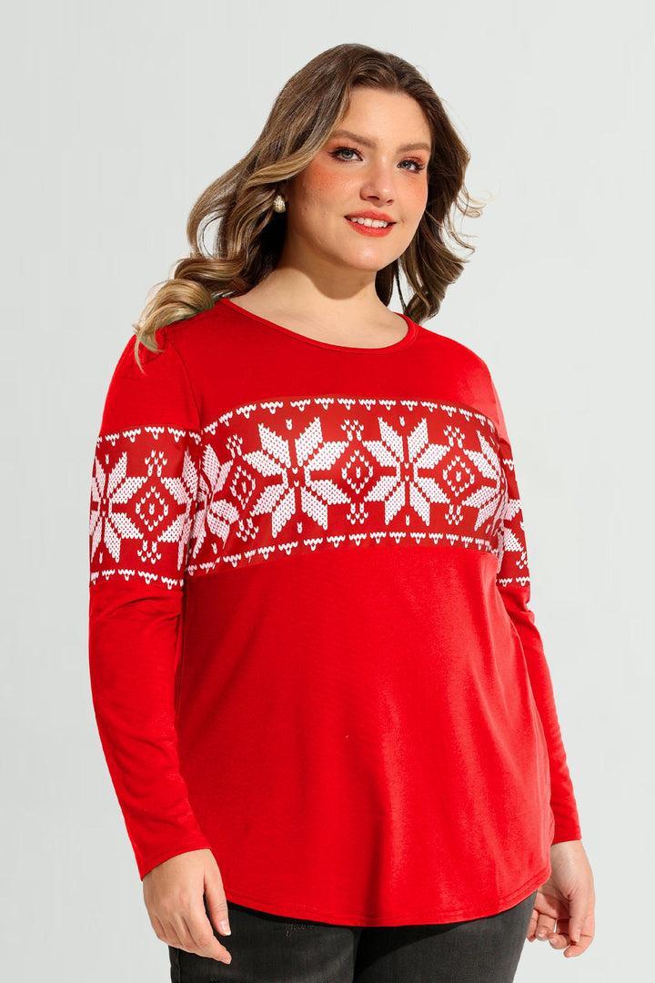 Colorblock Snowflake Print Long Sleeve T-Shirt