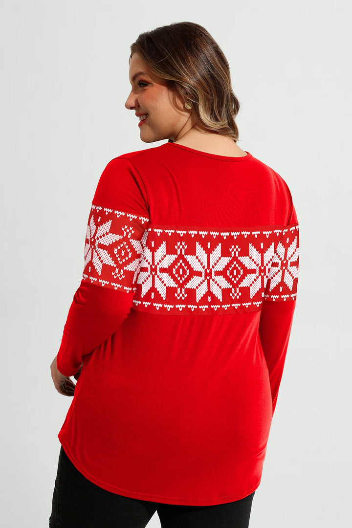 Colorblock Snowflake Print Long Sleeve T-Shirt
