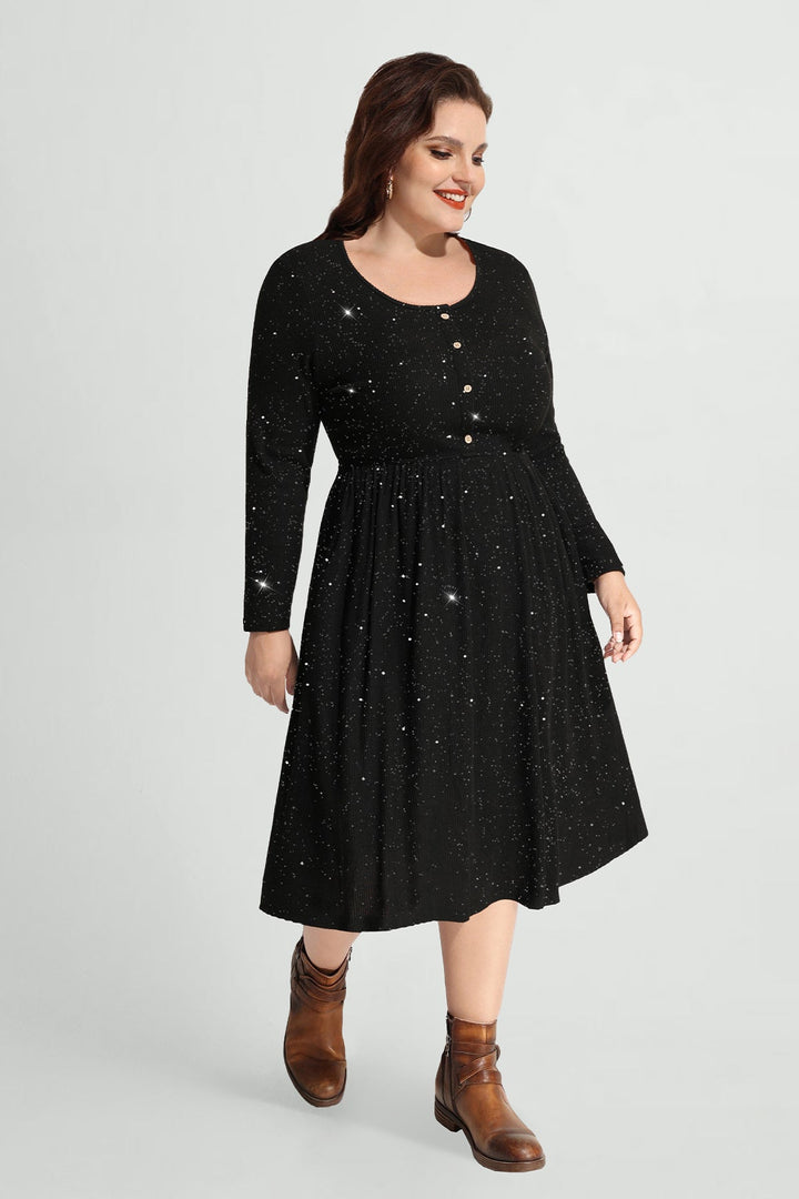 Pocket Sparkle Glitter Button Detail Midi Dress