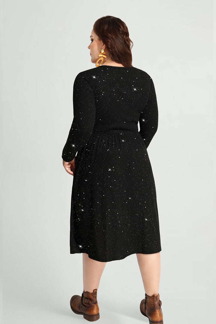 Pocket Sparkle Glitter Button Detail Midi Dress