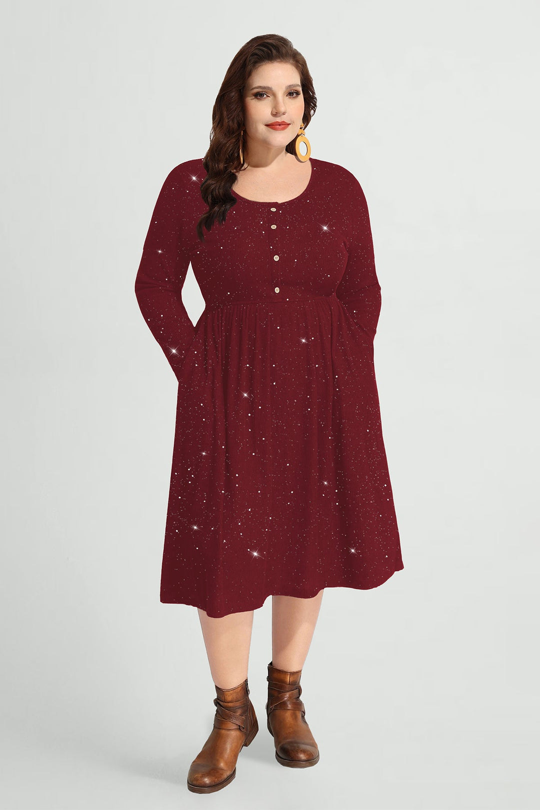 Pocket Sparkle Glitter Button Detail Midi Dress