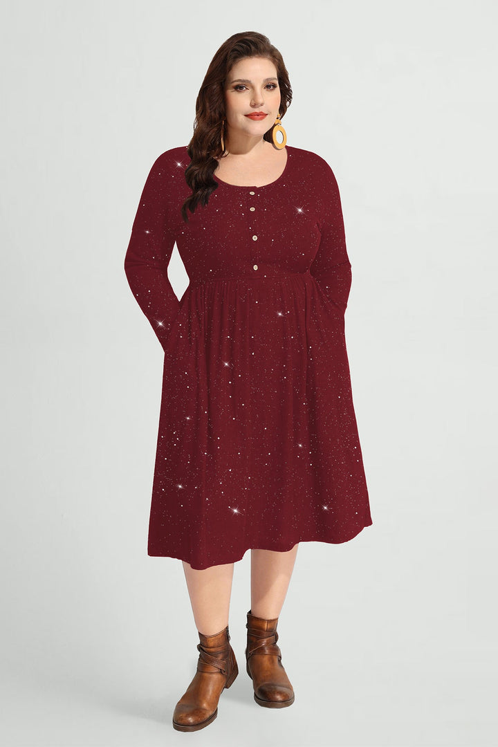 Pocket Sparkle Glitter Button Detail Midi Dress