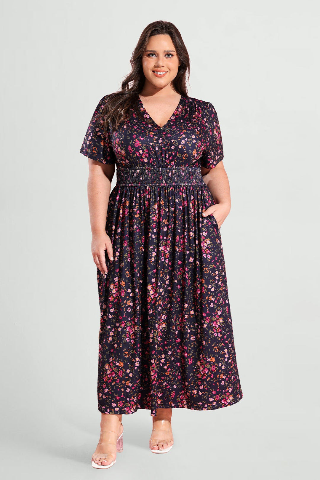 Pockets Smocked Waist Red Plaid A-line Maxi Dress
