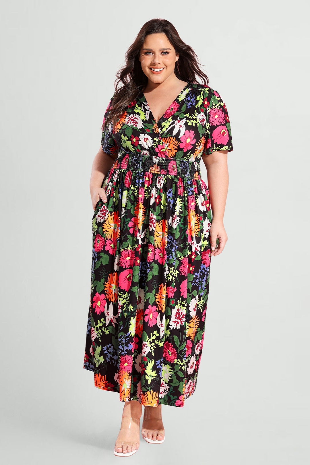 Pockets Smocked Waist Stars Print A-line Maxi Dress
