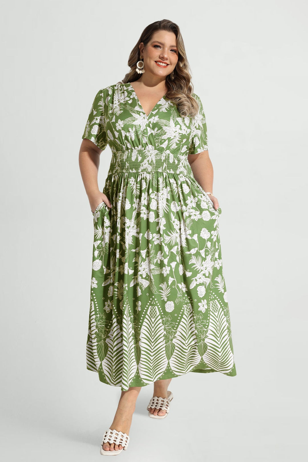 Pockets Smocked Waist Red Plaid A-line Maxi Dress
