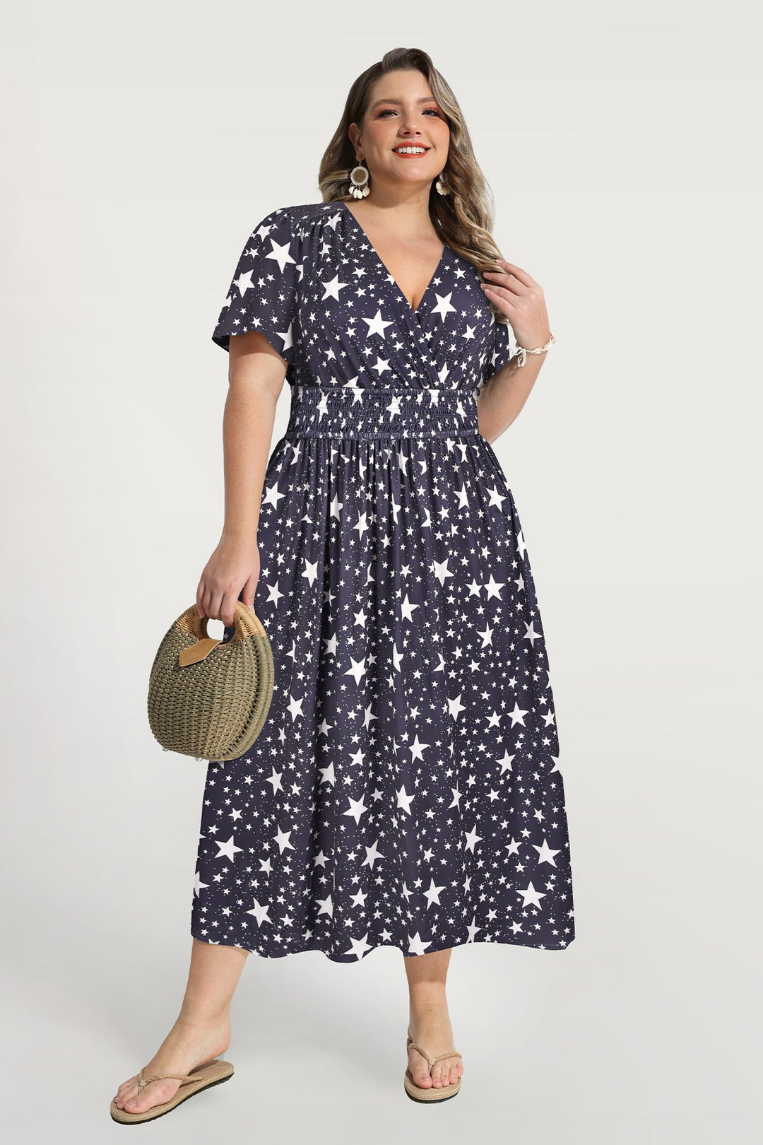 Pockets Smocked Waist Stars Print A-line Maxi Dress
