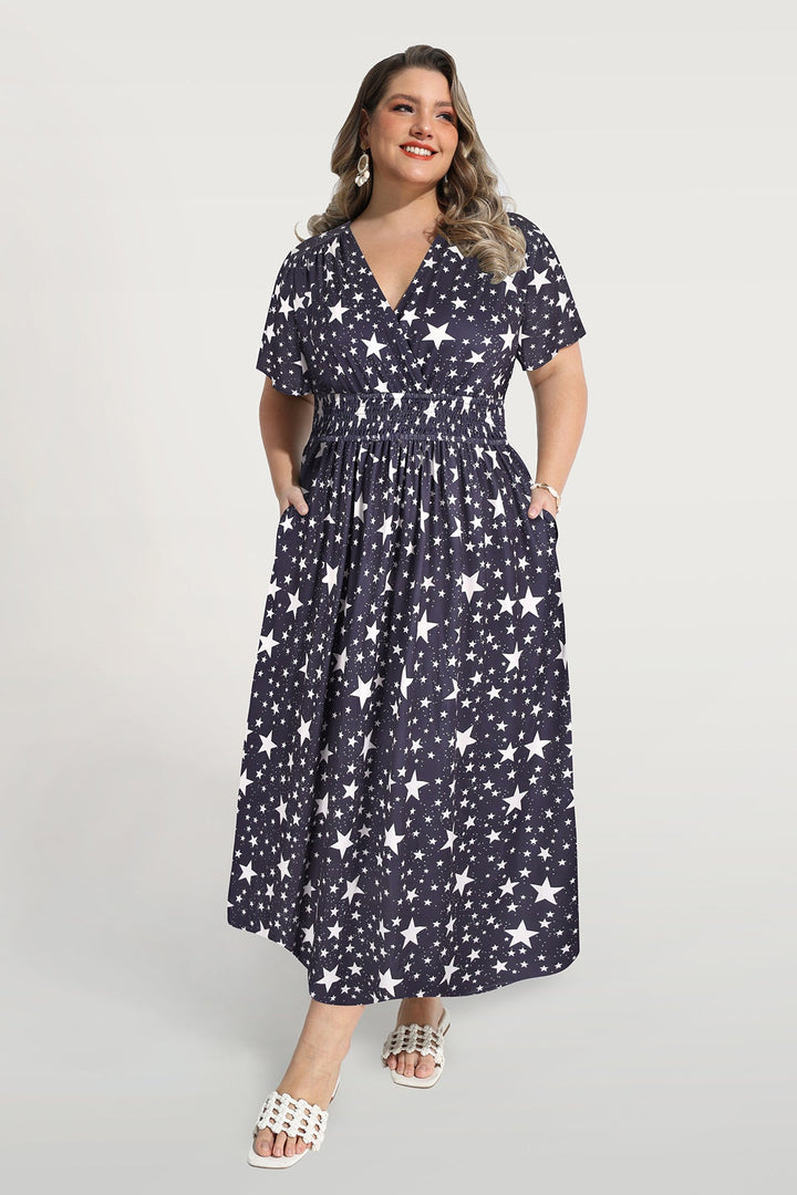Pockets Smocked Waist Stars Print A-line Maxi Dress