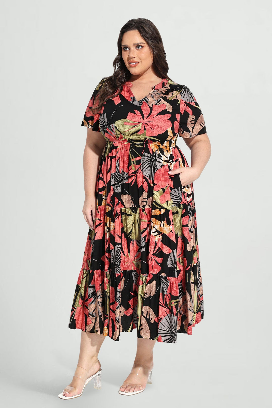 Pockets Elasticated Waist Tiered Casual Chic Midi Dress