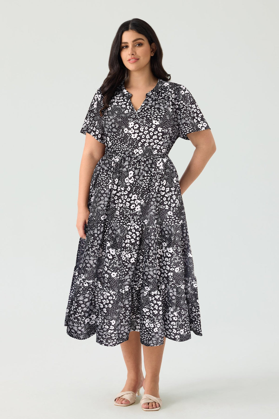 Pockets Elasticated Waist Tiered Casual Chic Midi Dress