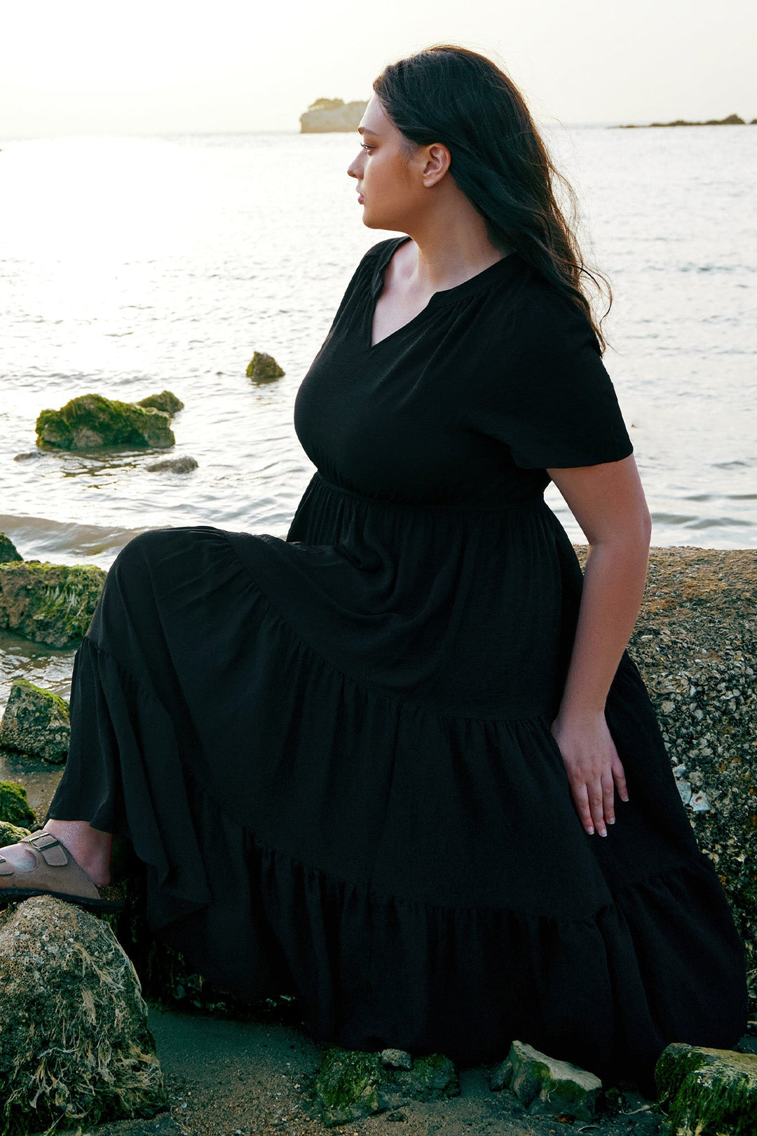 Pockets Elasticated Waist Tiered Casual Chic Midi Dress