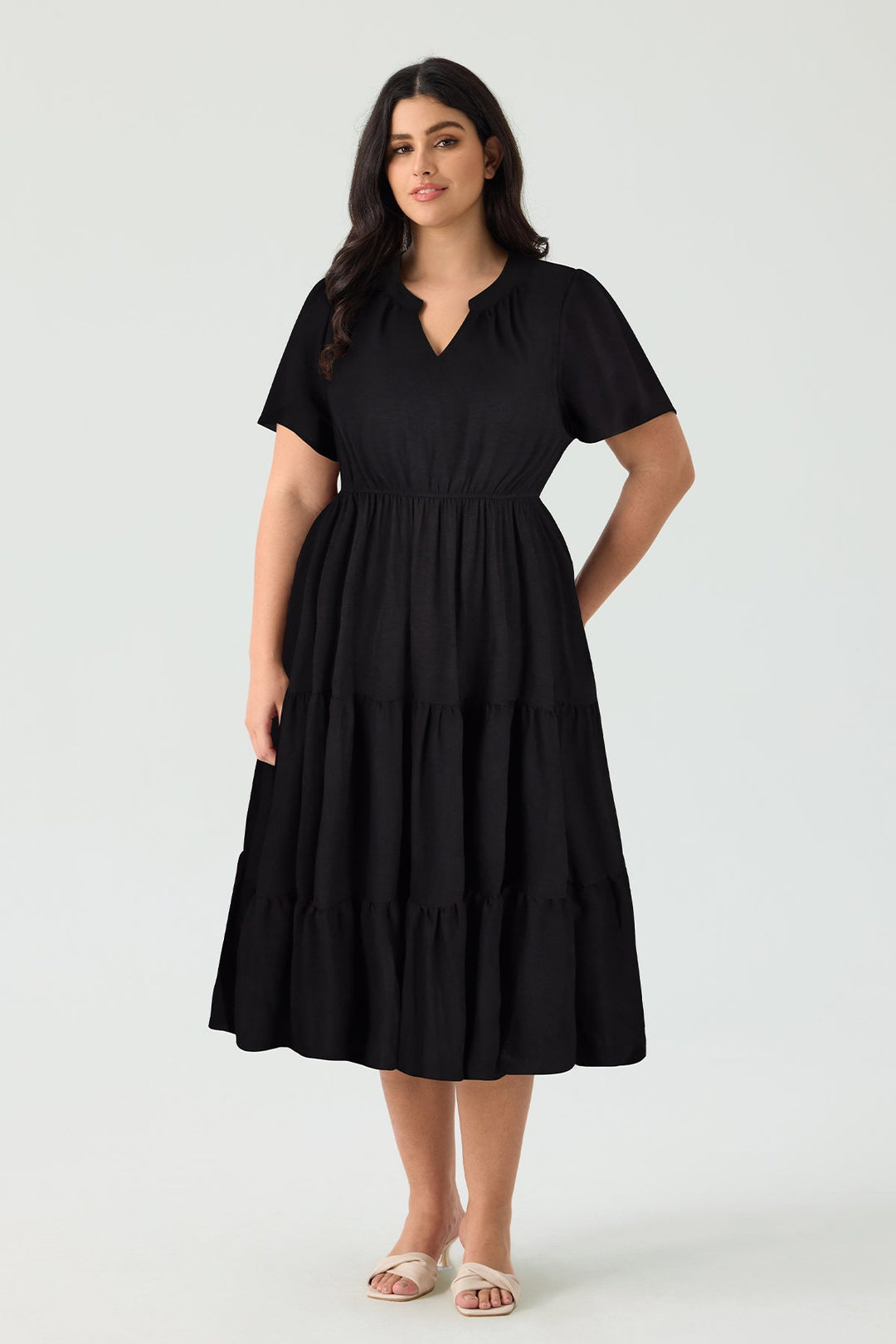 Pockets Elasticated Waist Tiered Casual Chic Midi Dress