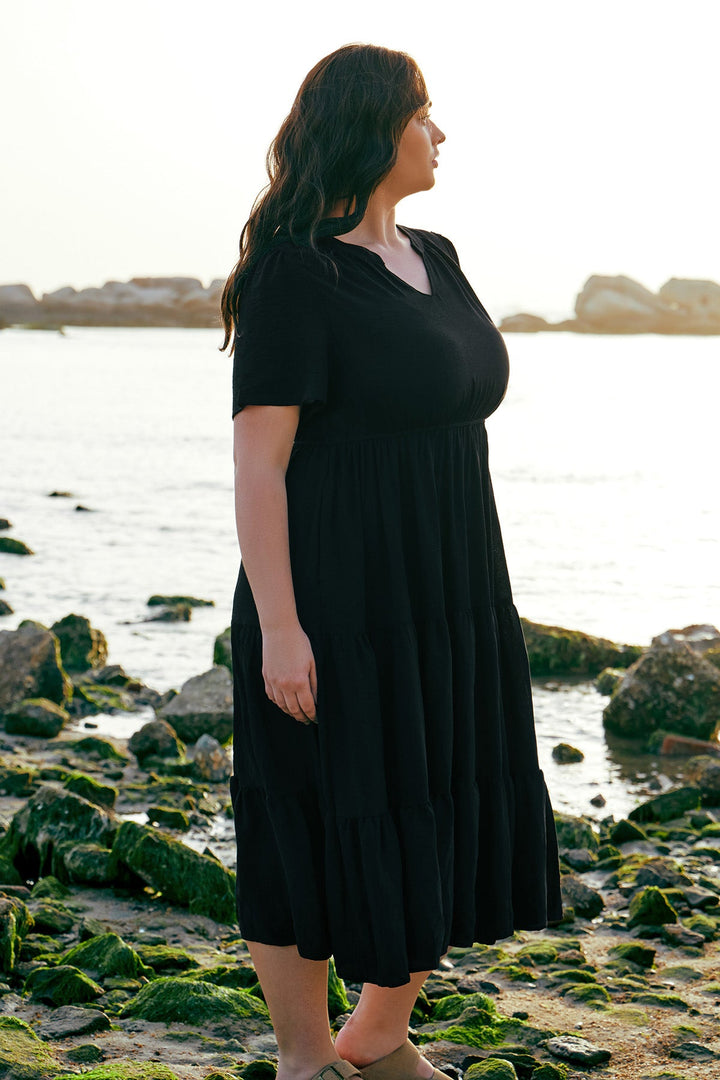 Pockets Elasticated Waist Tiered Casual Chic Midi Dress