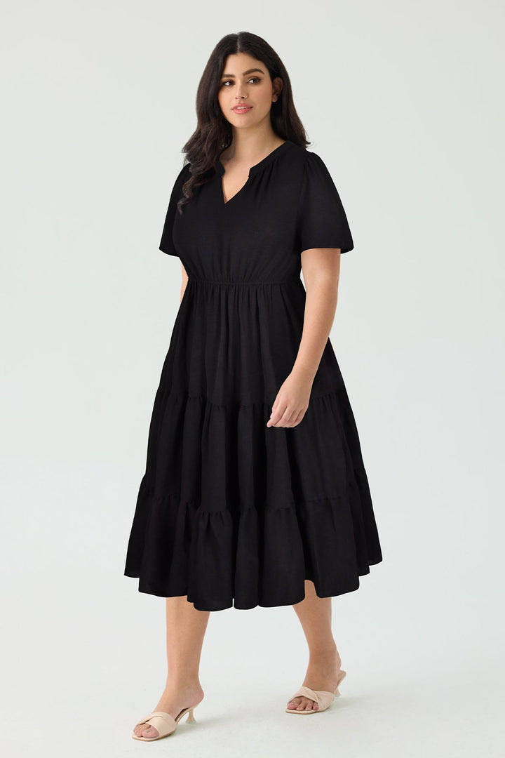 Pockets Elasticated Waist Tiered Casual Chic Midi Dress