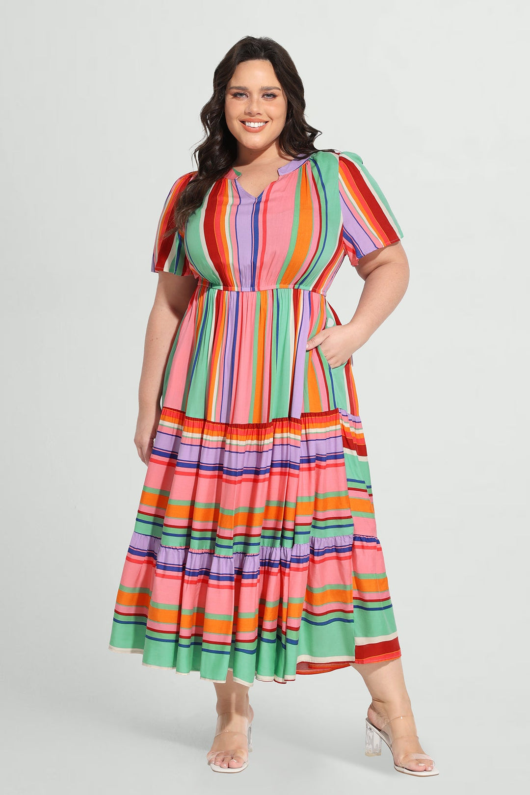 Pockets Elasticated Waist Tiered Casual Chic Midi Dress