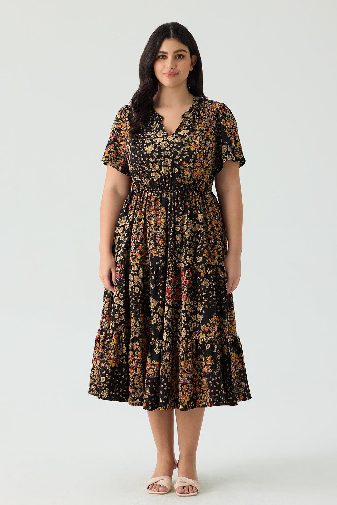 Pockets Elasticated Waist Tiered Casual Chic Midi Dress