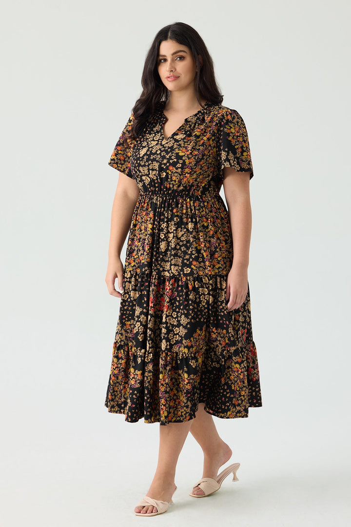Pockets Elasticated Waist Tiered Casual Chic Midi Dress