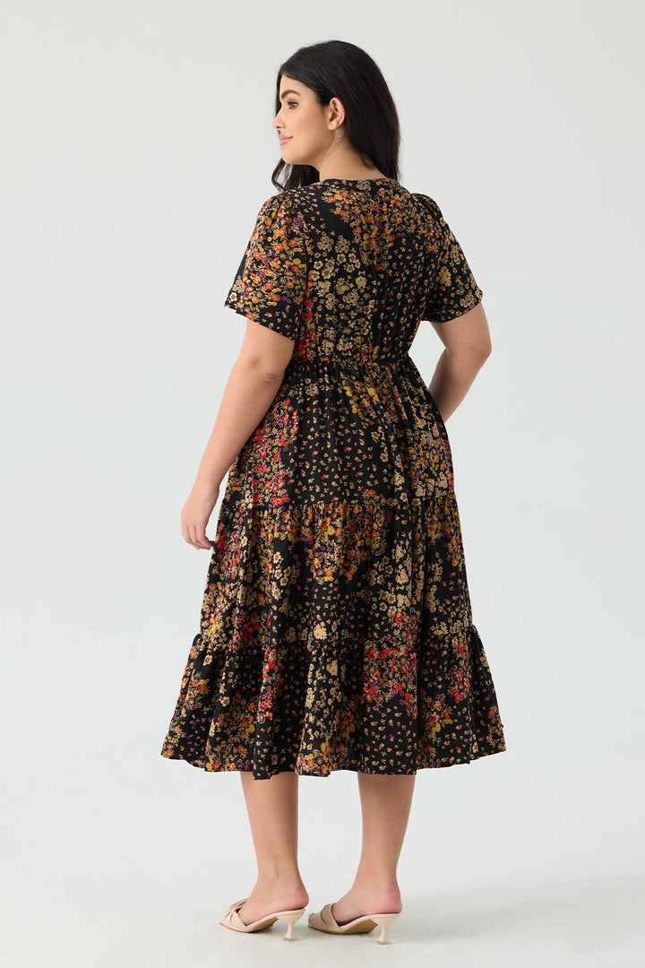 Pockets Elasticated Waist Tiered Casual Chic Midi Dress